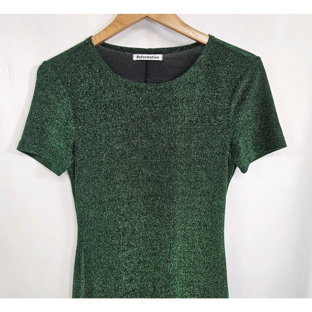 Reformation Amina Green Metallic Fleck Short Sleeve Mini Sheath Dress Medium - Picture 2 of 8